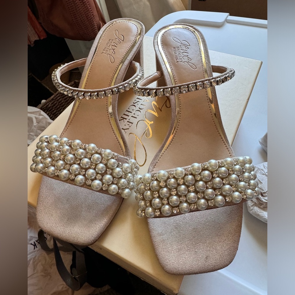 Jewel Badgley Mischka Orsen Embellished Slide Sandal Heel, 7.5 (rose gold/nude)